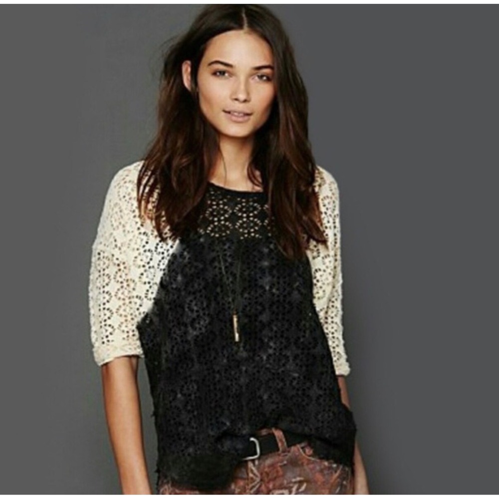We The Free Free People Crochet Knit Top Black Cream Dip Dye Eyelet Medium